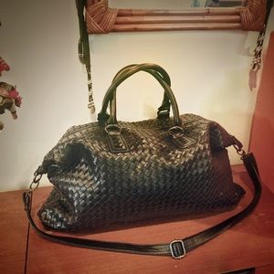 Vegan black leather weave duffle weekend weekender overnight bag